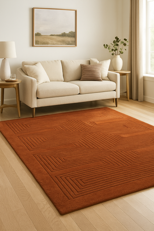 Labyrinth hand tufted wool carpet in terracotta