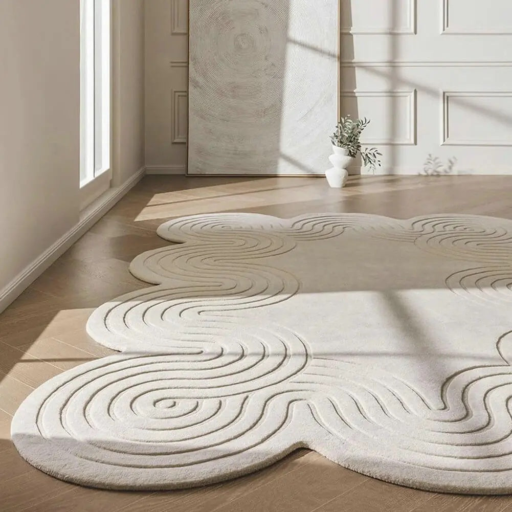 Irregular Shaped Rug Waveform Ivory Hand Tufted Carpet