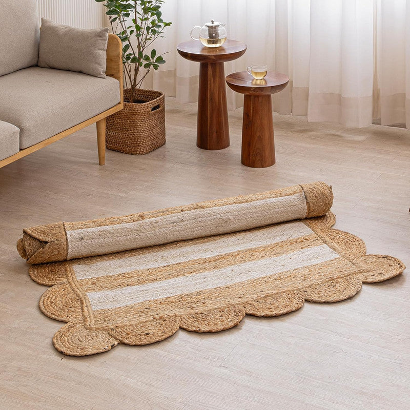 Vira Stripe Rectangular Braided Jute Carpet with Scalloped Edges