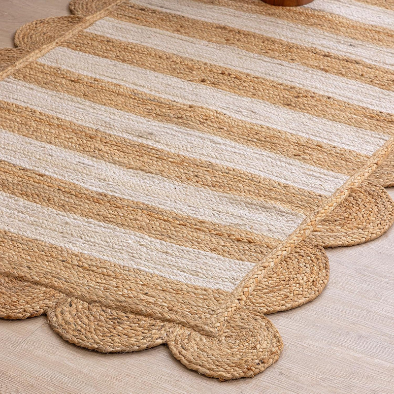 Vira Stripe Rectangular Braided Jute Carpet with Scalloped Edges