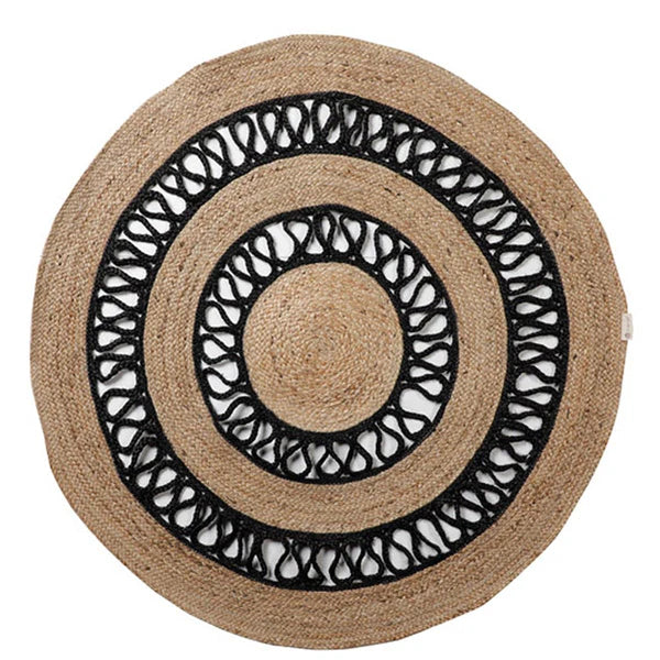 Lira Wave Round Jute Carpet with Black Loop Pattern