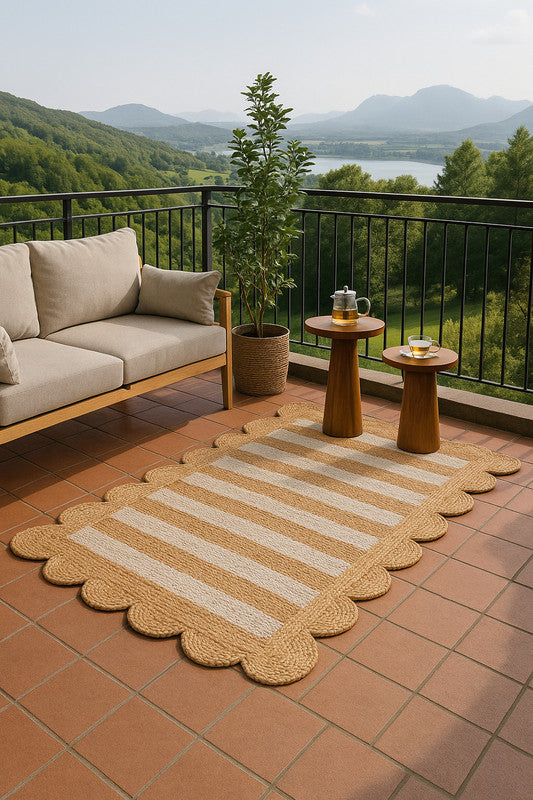 Vira Stripe Rectangular Braided Jute Carpet with Scalloped Edges