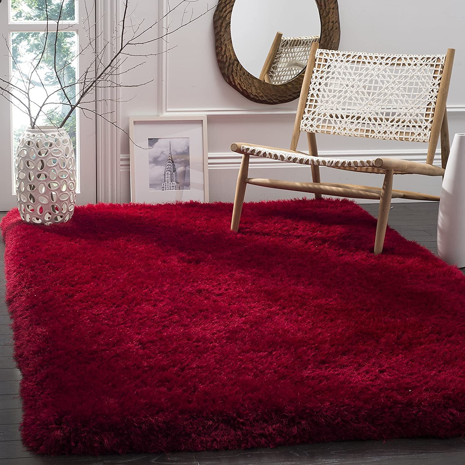 Solid Red Polyester Shaggy Carpet