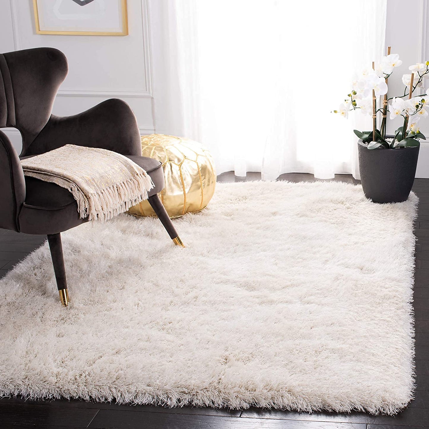 Solid Ivory Polyester Shaggy Carpet