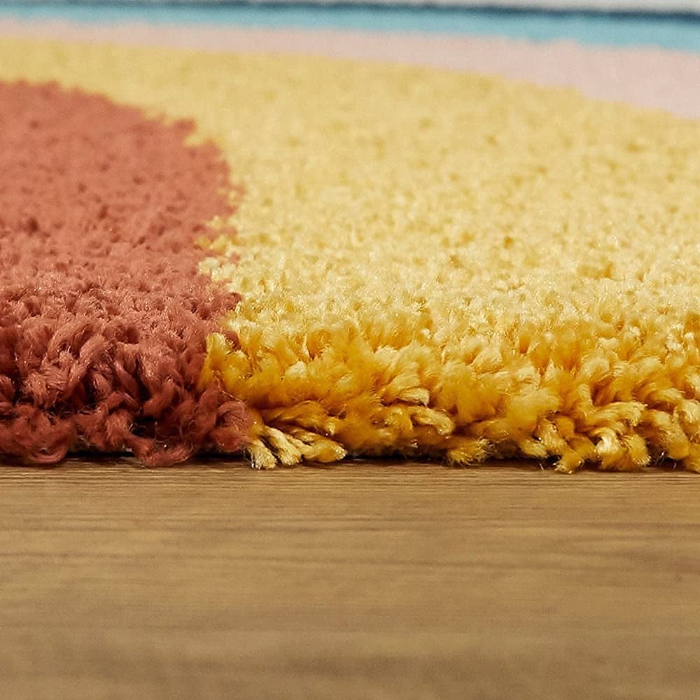 Close-up of a multicolored textured rug on a wooden floor.
