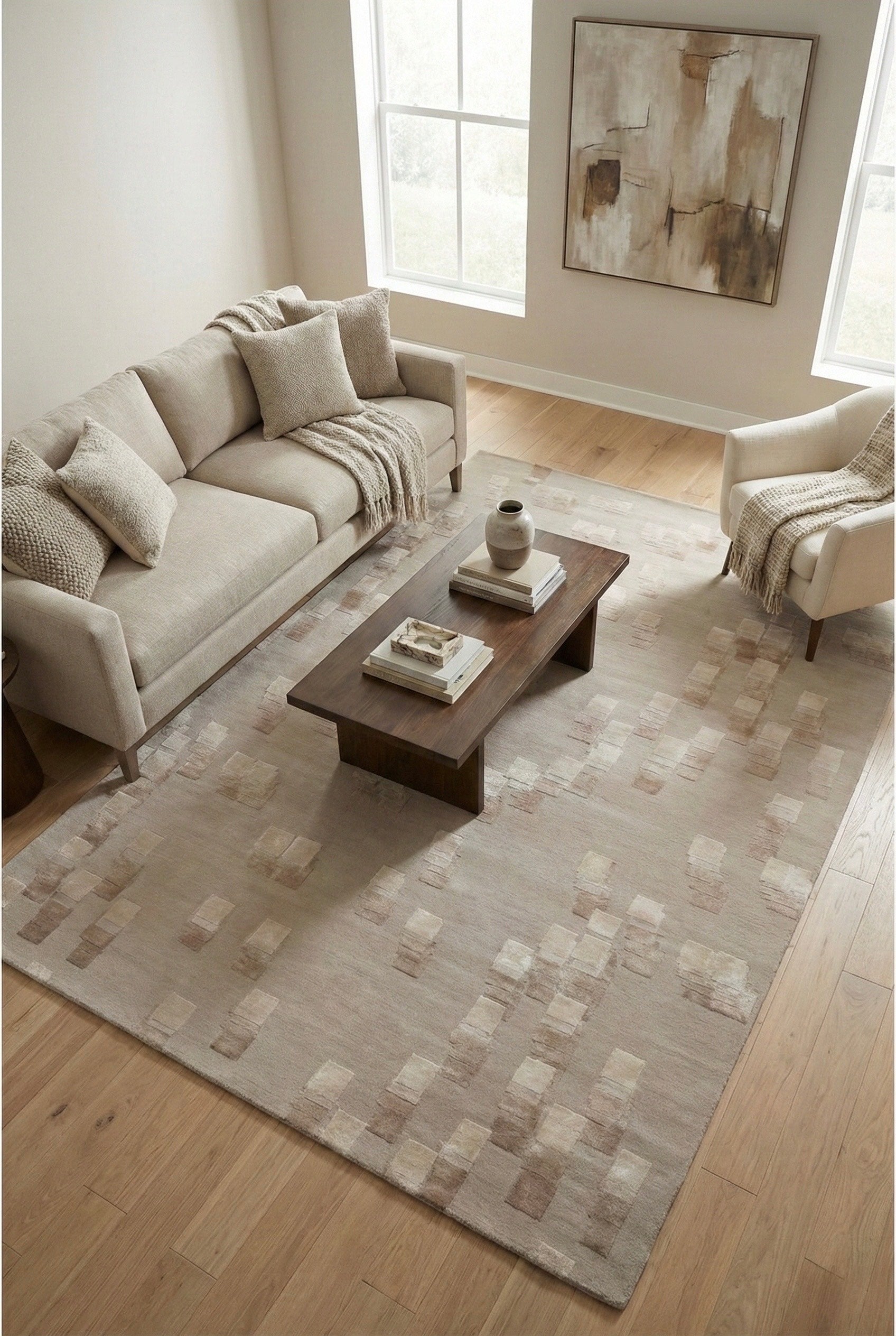 Sage Beige Abstract Hand-Tufted Wool and viscose Carpet