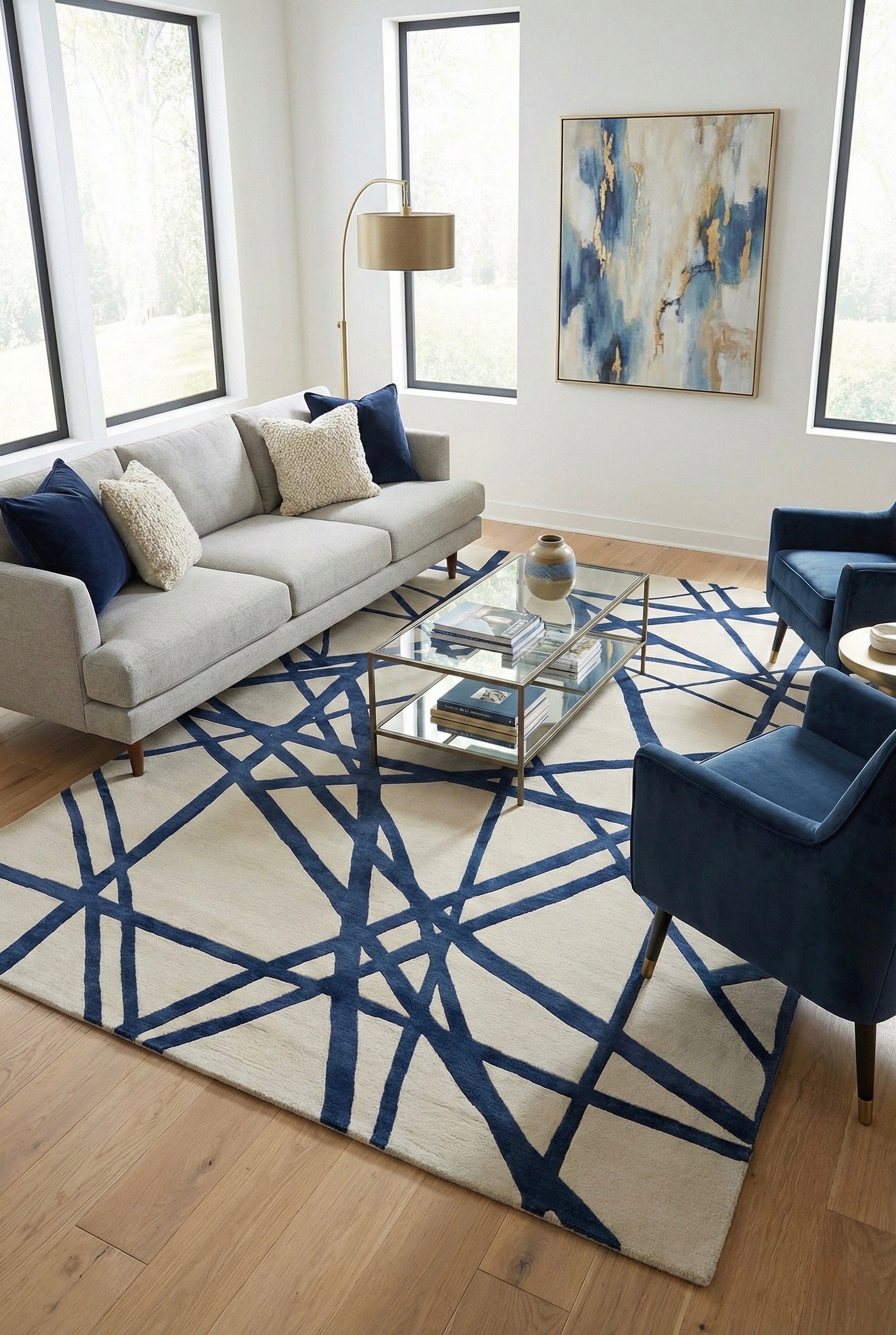 Navy Intersect Hand-Tufted Wool & Silk Carpet