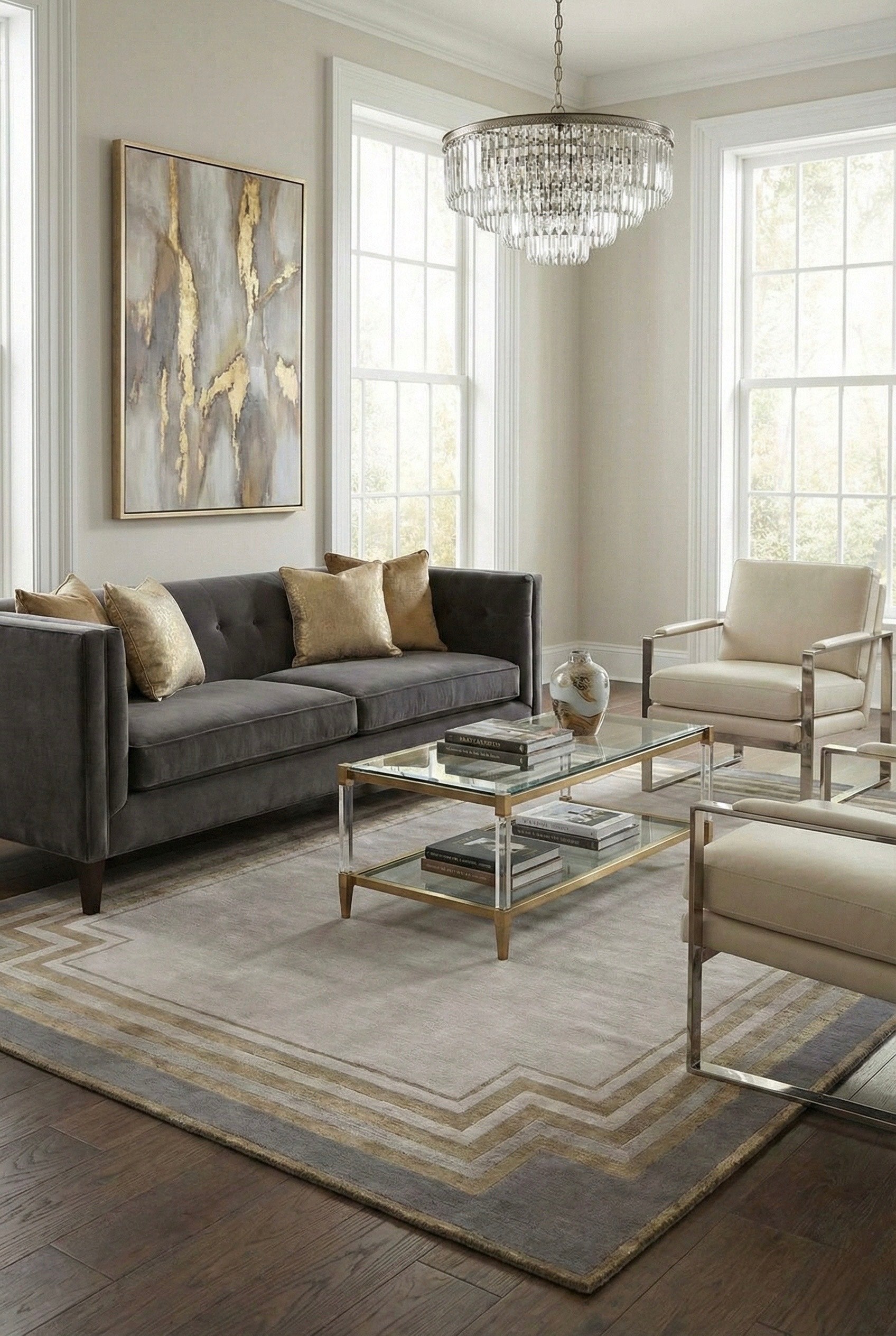 Stepped Frame Hand-Tufted Wool & Silk Carpet