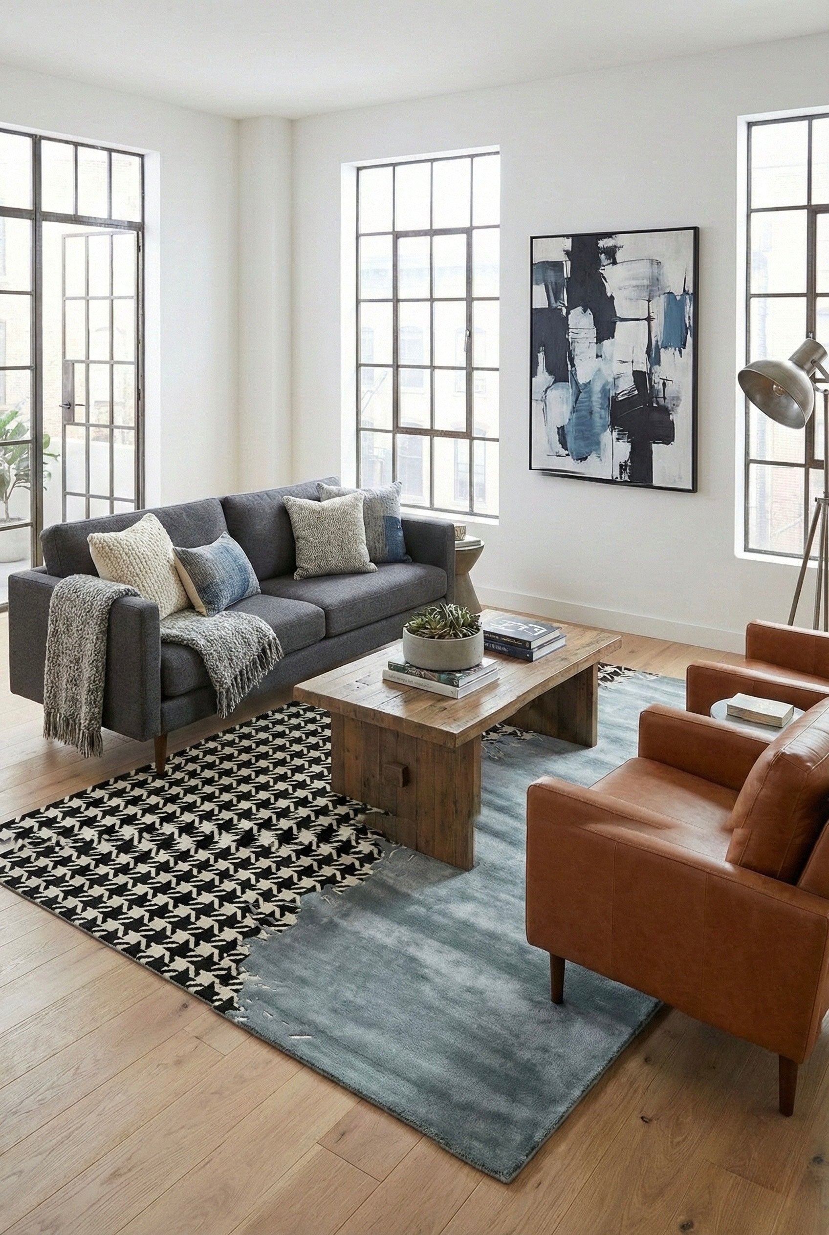 Modern living room with gray sofa, brown armchair, and abstract art on the wall.