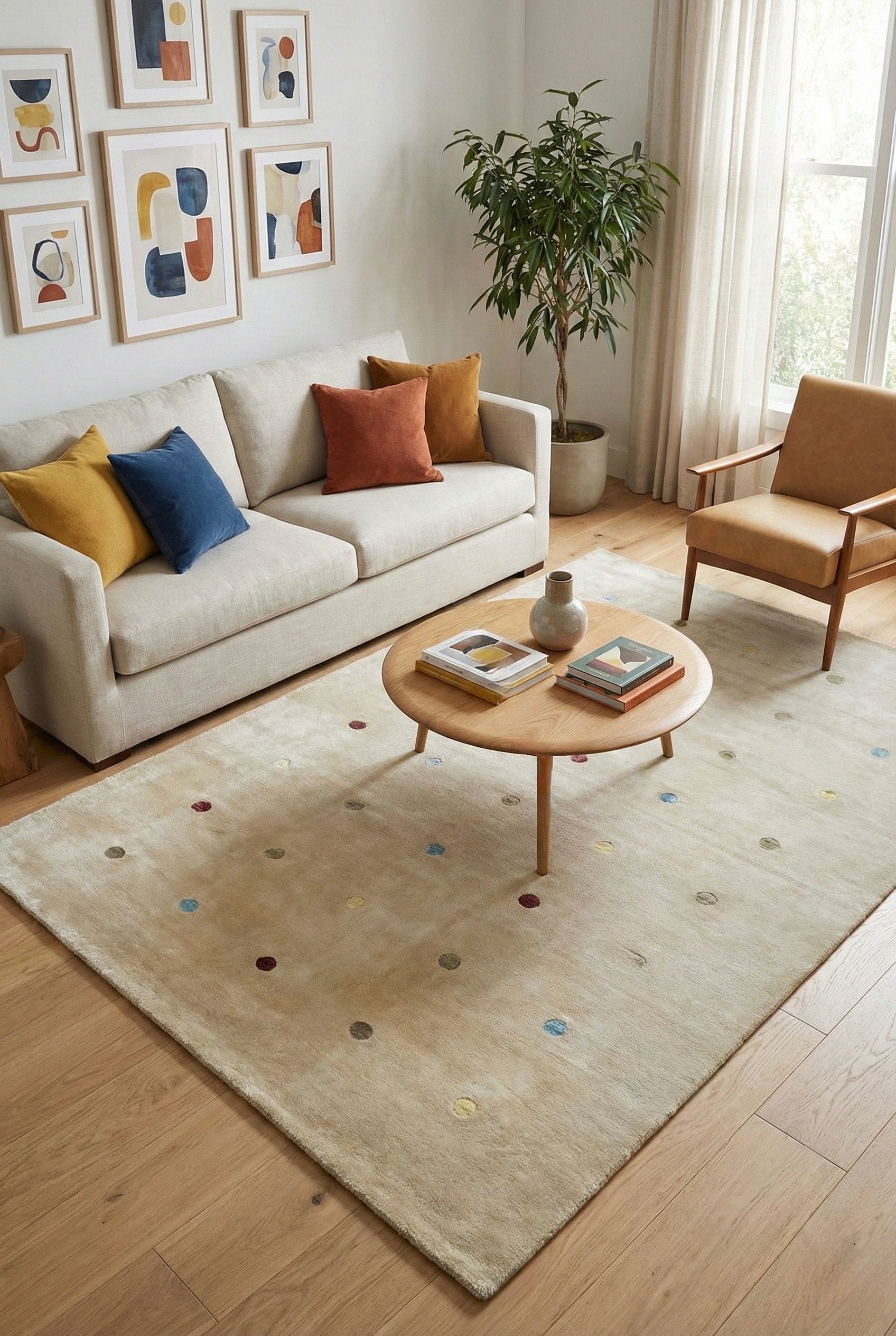 Living room with a beige sofa, round coffee table, and decorative elements.