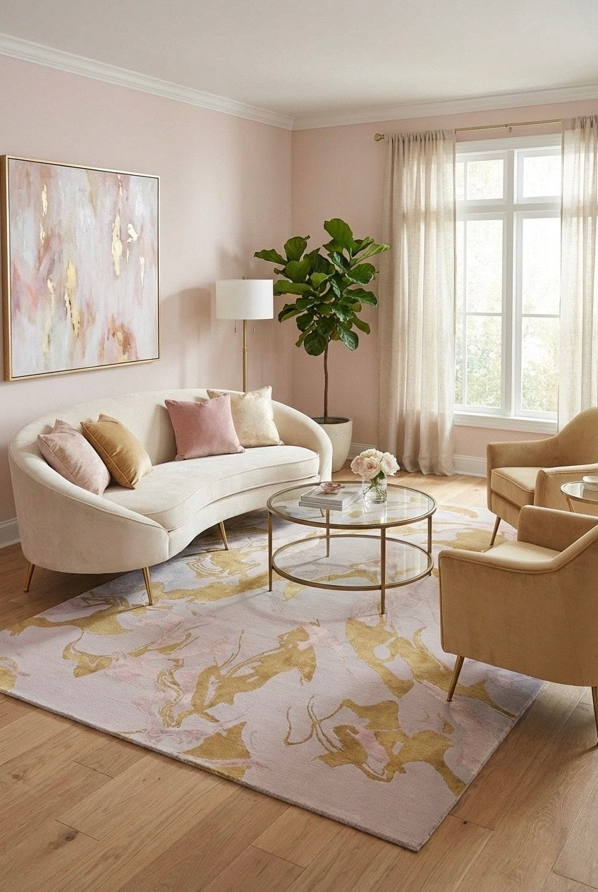 Modern living room with a white sofa, coffee table, and decorative elements.