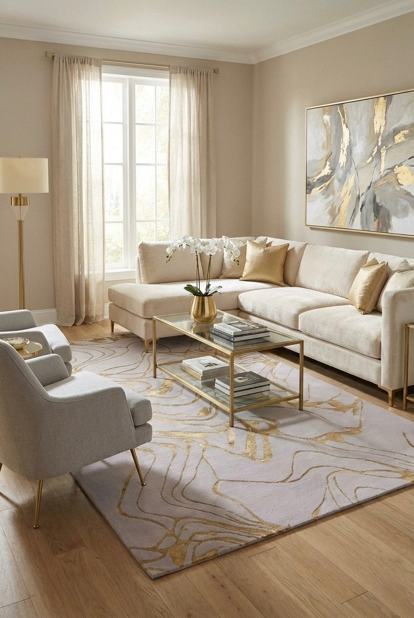 Modern living room with a beige sofa, armchair, coffee table, and abstract art on the wall.
