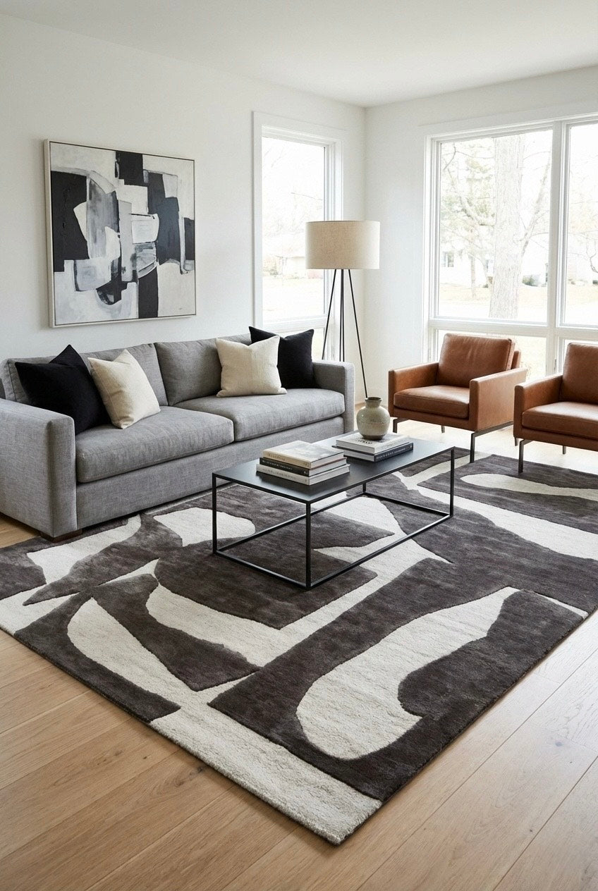 Modern living room with gray sofa, patterned rug, and abstract art.