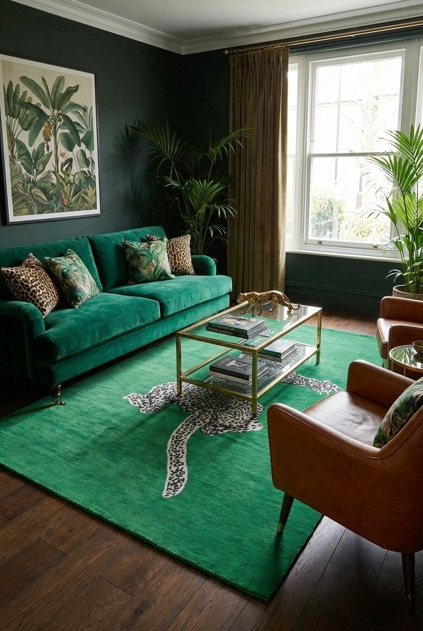 Living room with green sofa, coffee table, and armchair on a green rug.