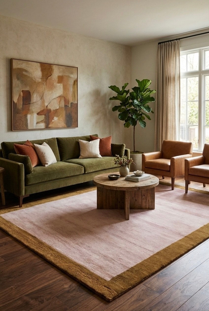 Living room with green sofa, wooden coffee table, and abstract painting on wall.