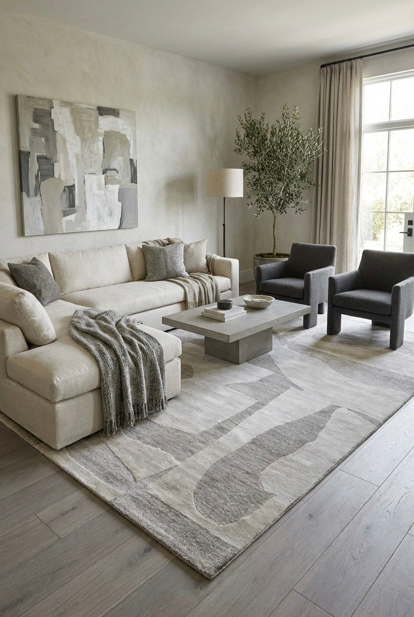 Modern living room with a beige sectional sofa, coffee table, and decorative elements.