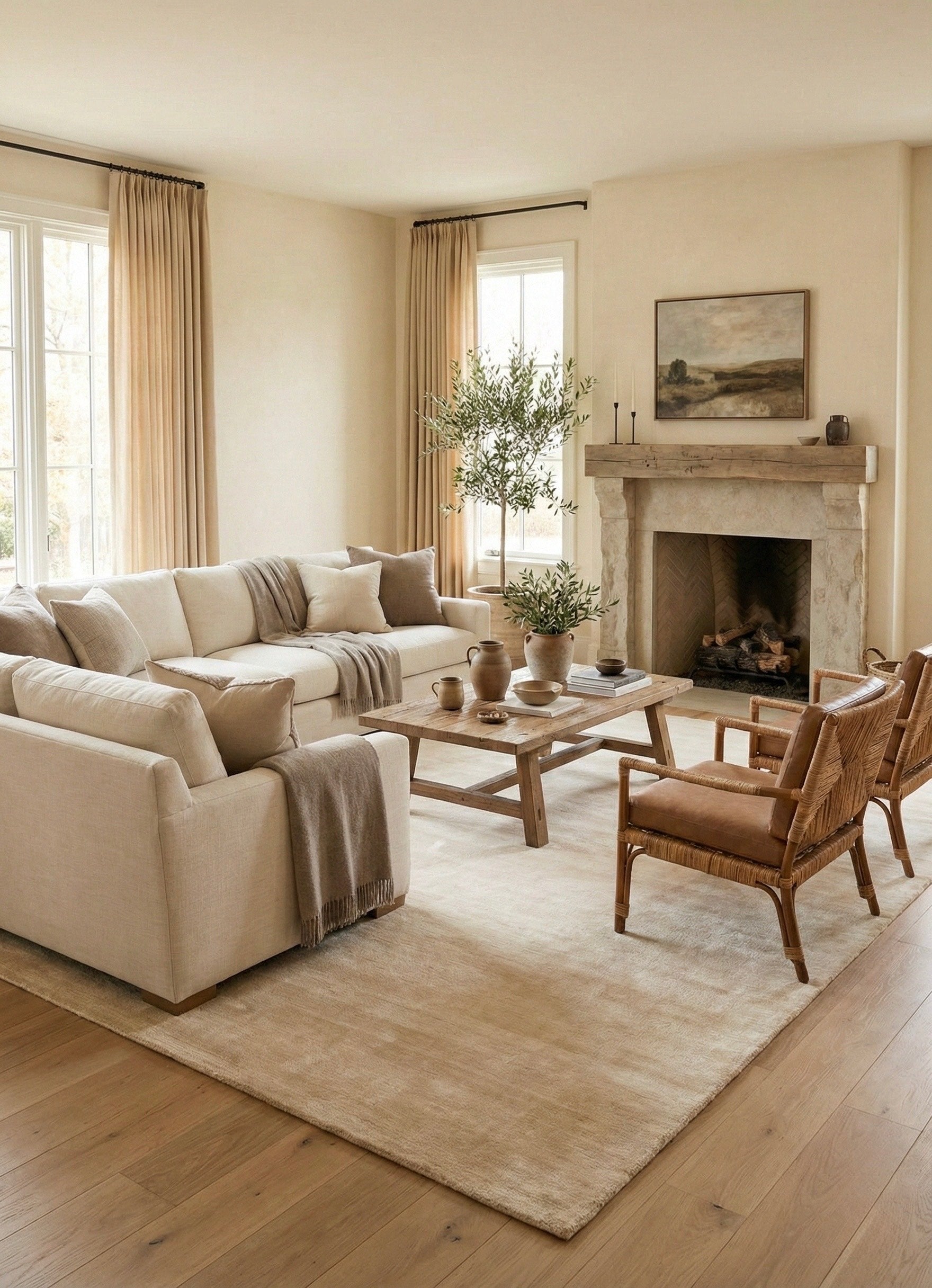Cozy living room with beige sofa, wooden coffee table, and fireplace.