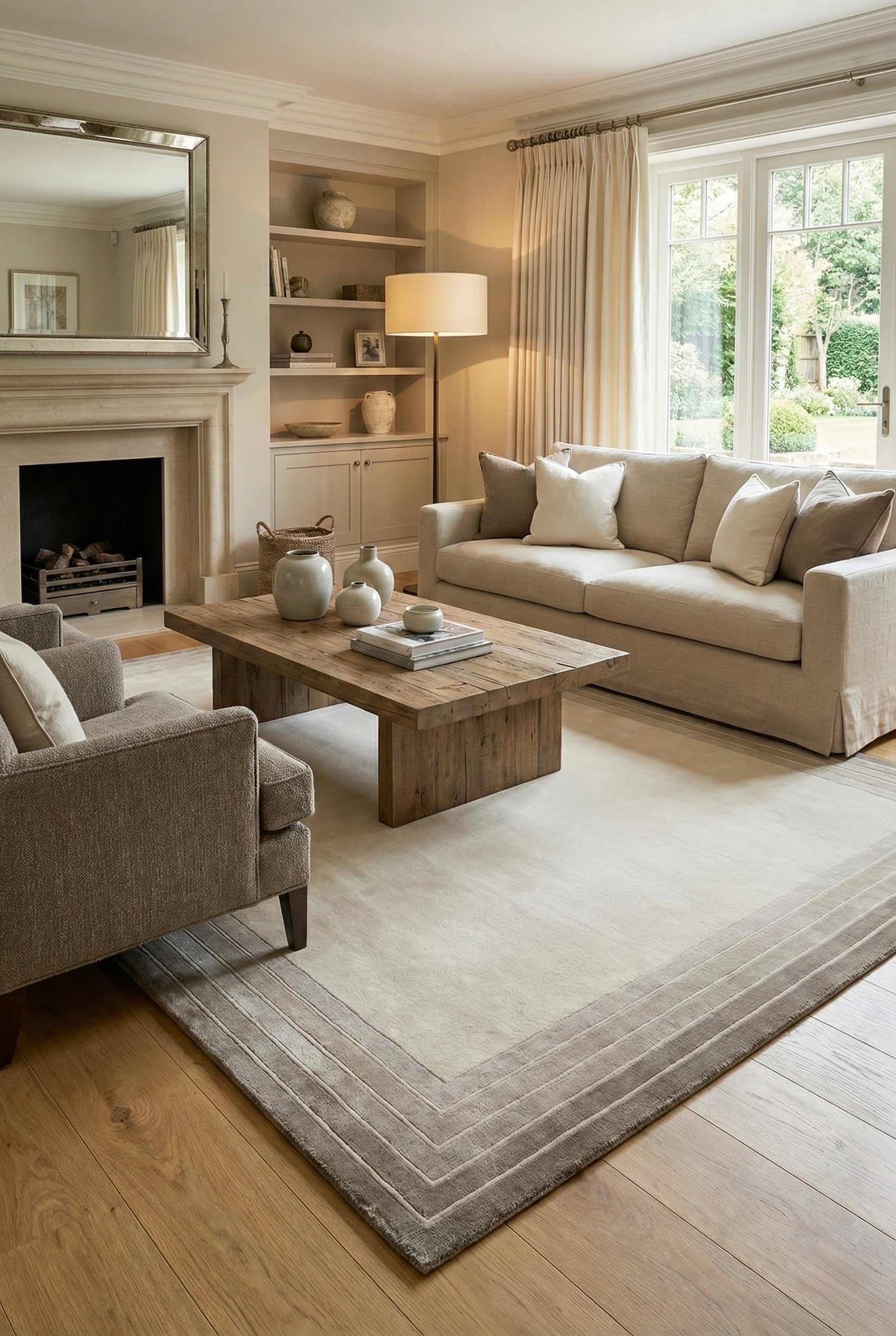 Living room with beige sofa, wooden coffee table, and large windows.