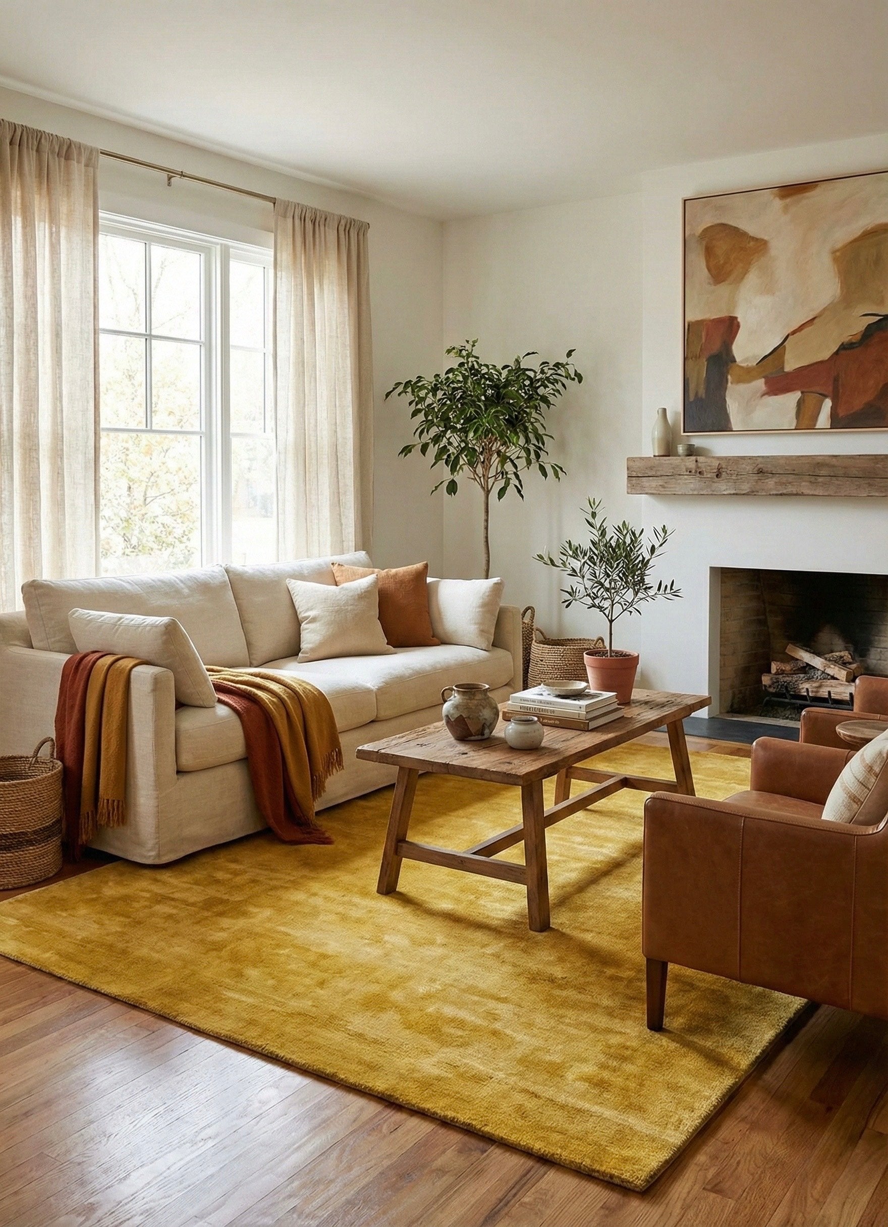 Cozy living room with beige sofa, wooden coffee table, and abstract painting.