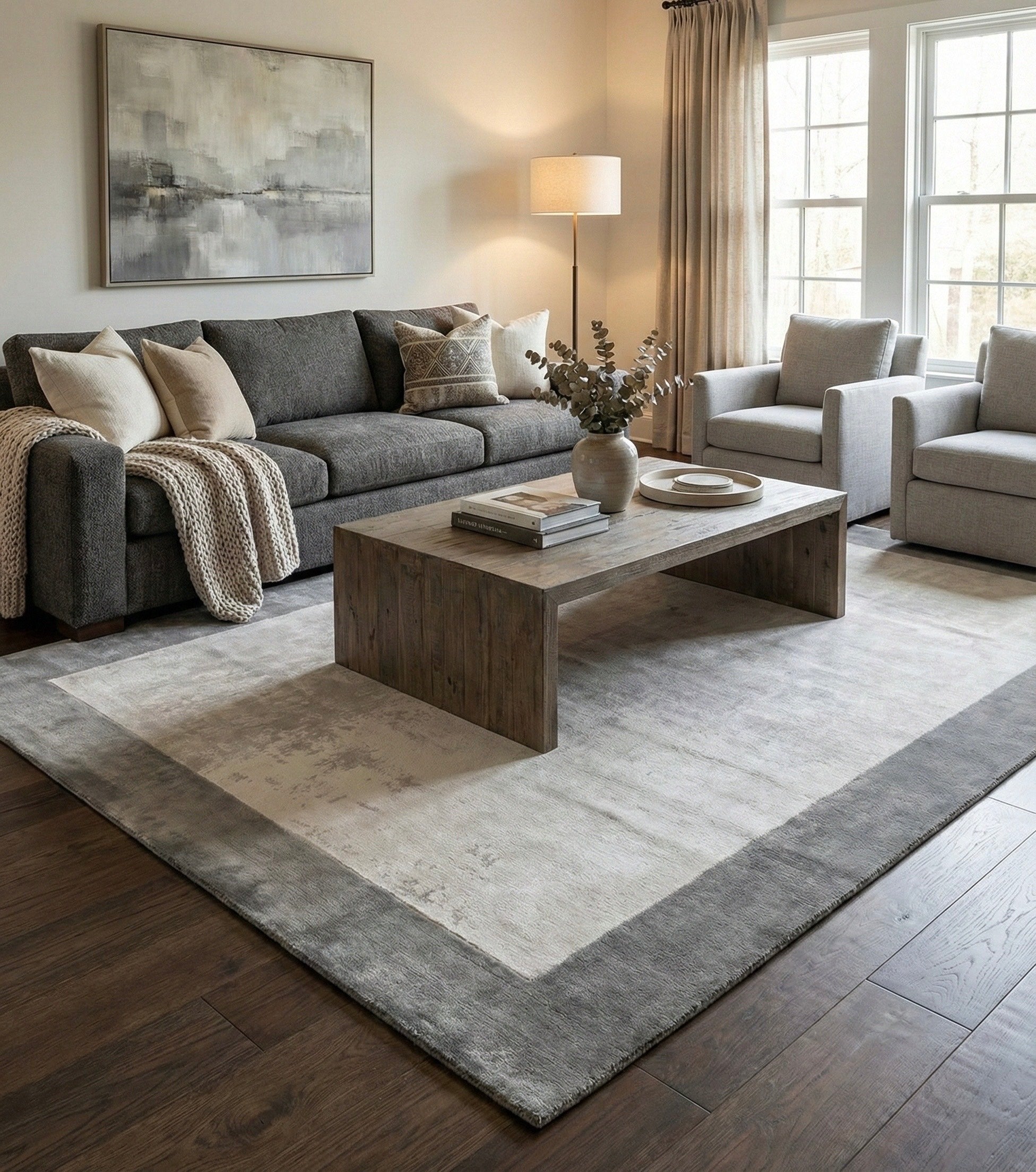 Living room with gray sofa, coffee table, and armchair.