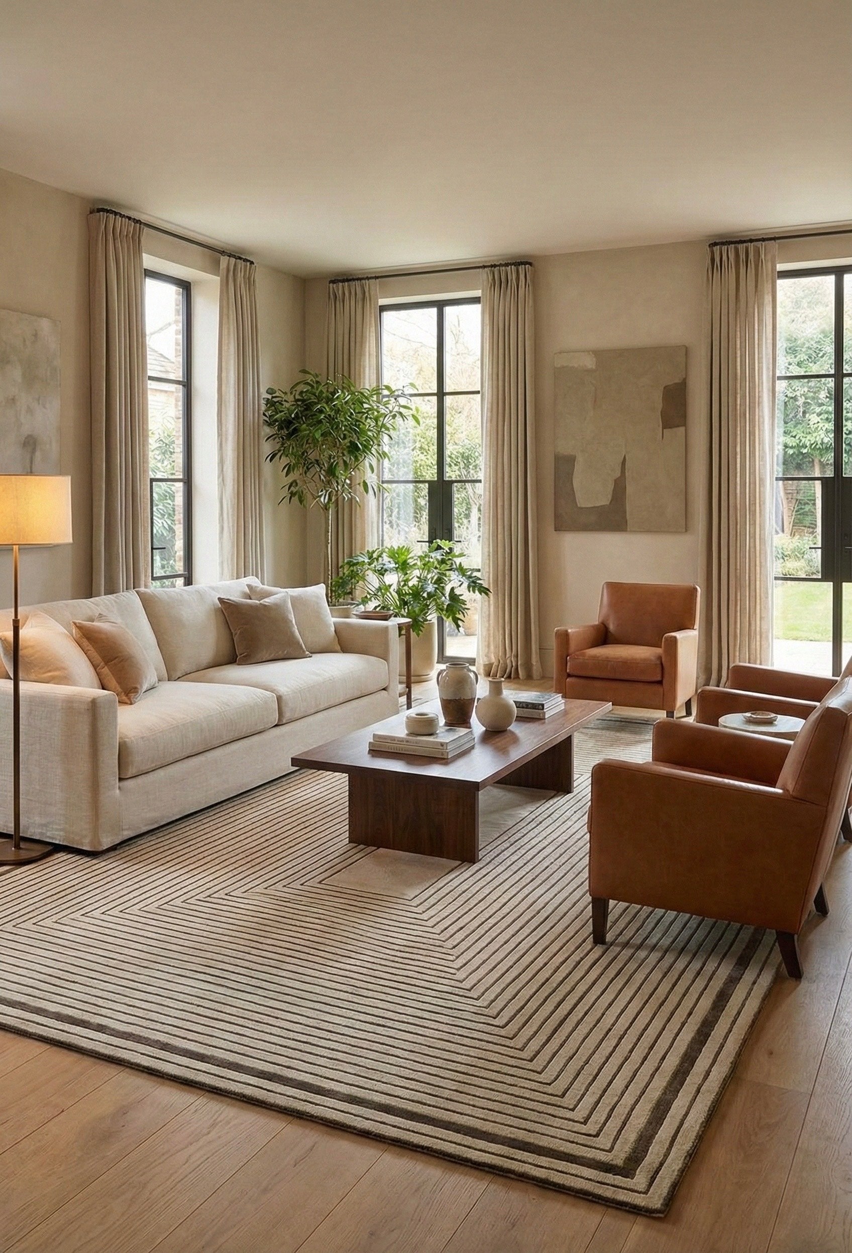 Modern living room with beige sofa, brown armchairs, and a coffee table.