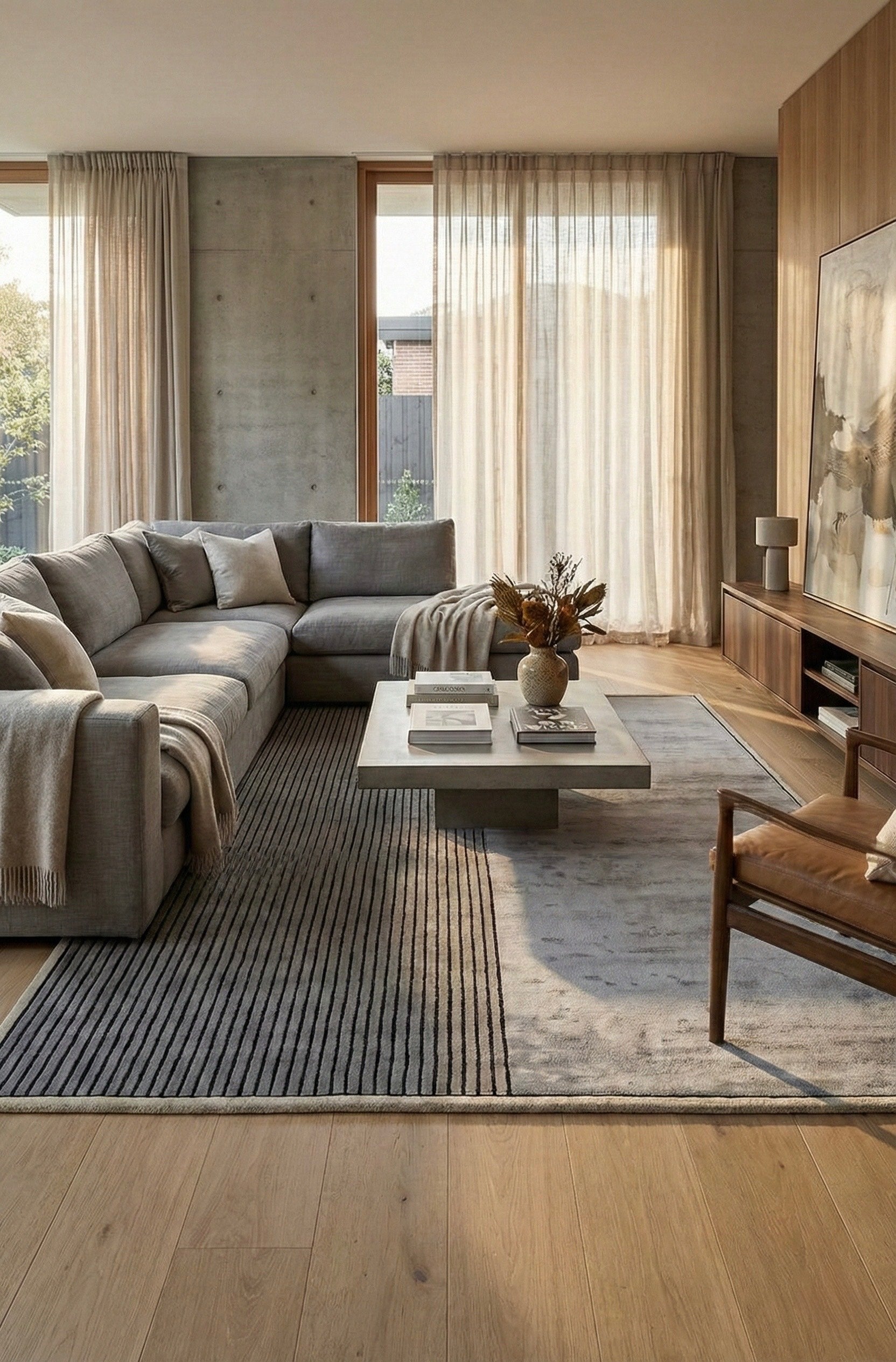 Modern living room with a sectional sofa, coffee table, and decorative elements.