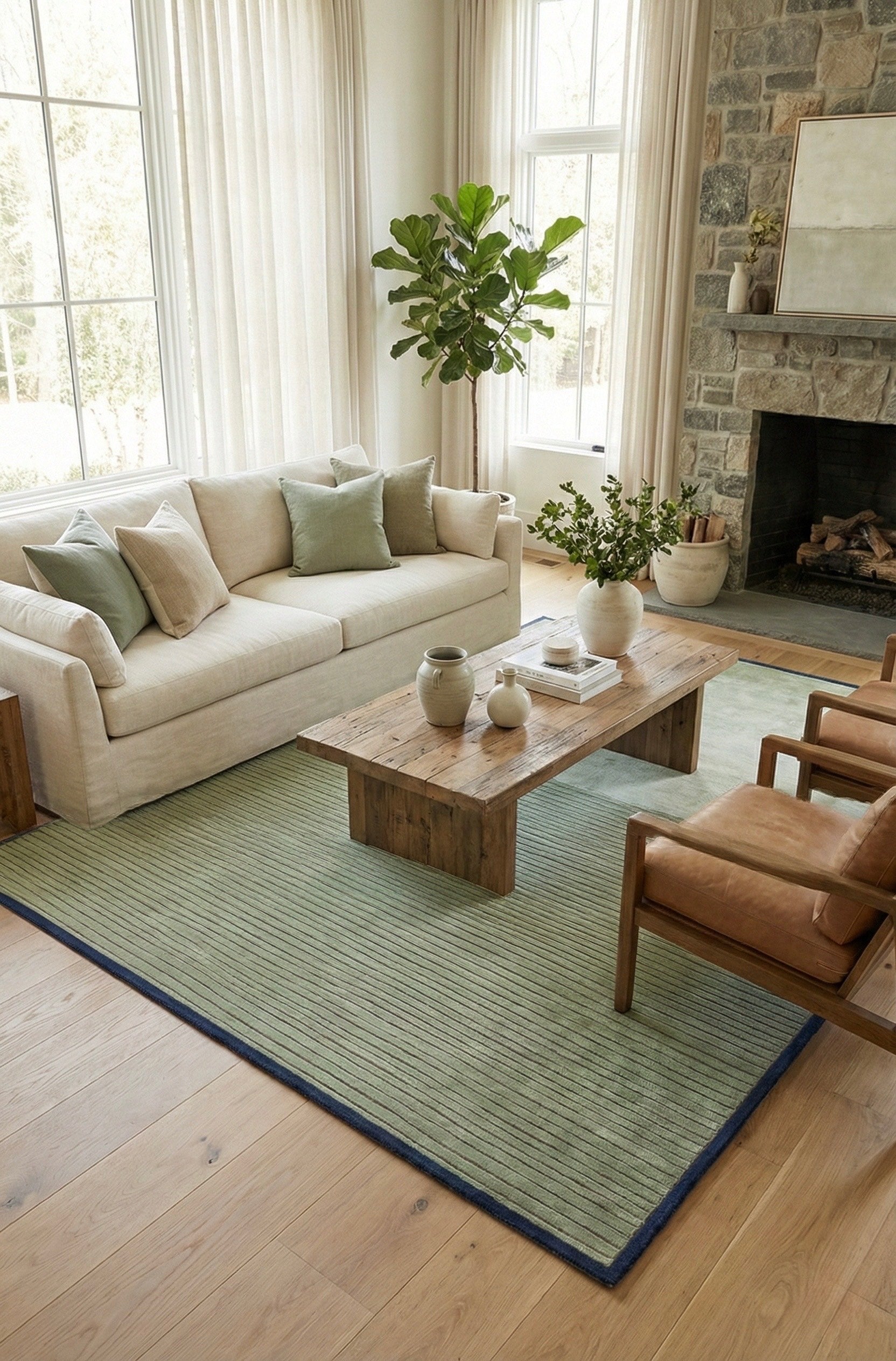 Living room with beige sofa, wooden coffee table, and green rug.