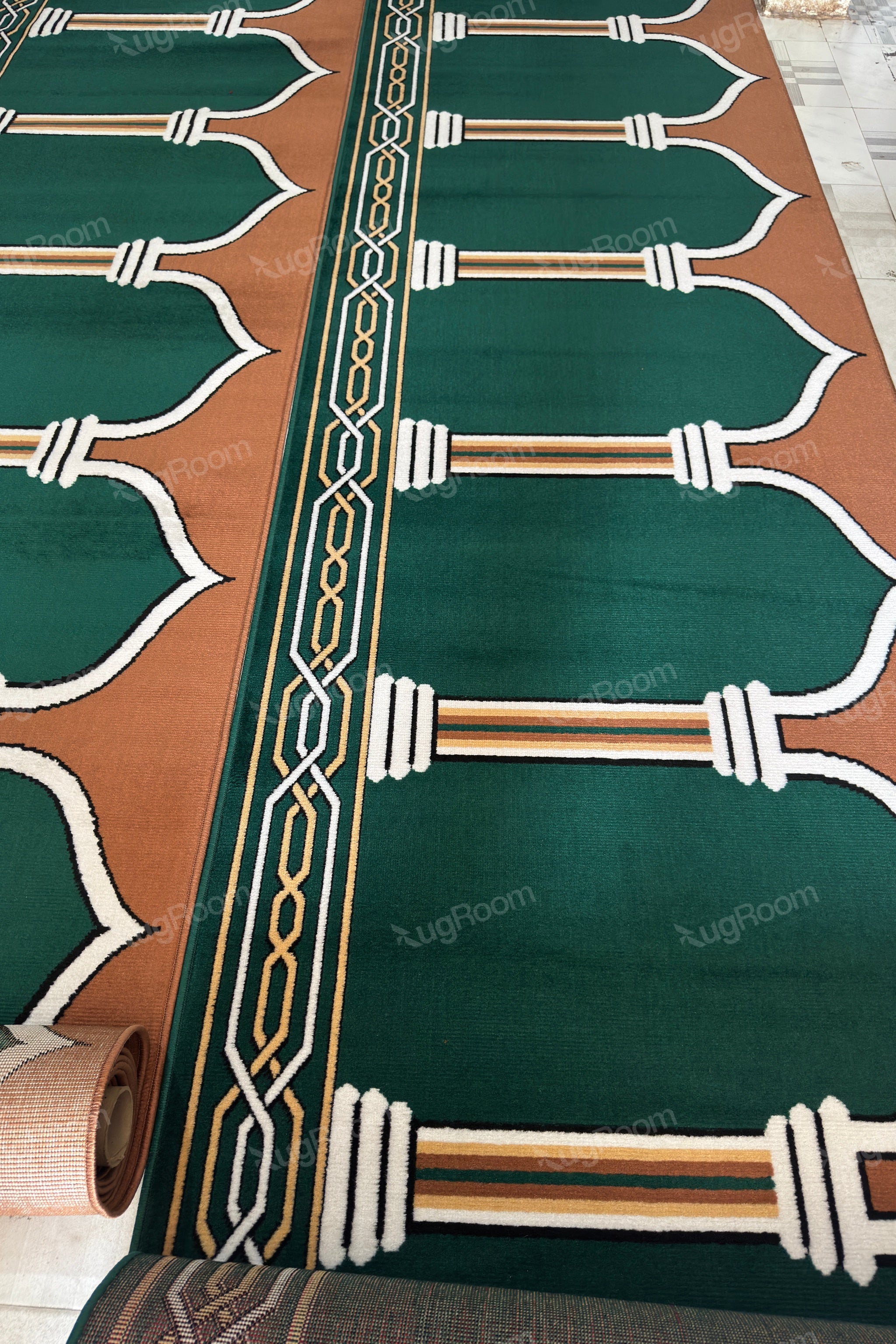 Green Brown Janamaz Roll – Soft & Durable Prayer Carpet Mat for Mosque & Home