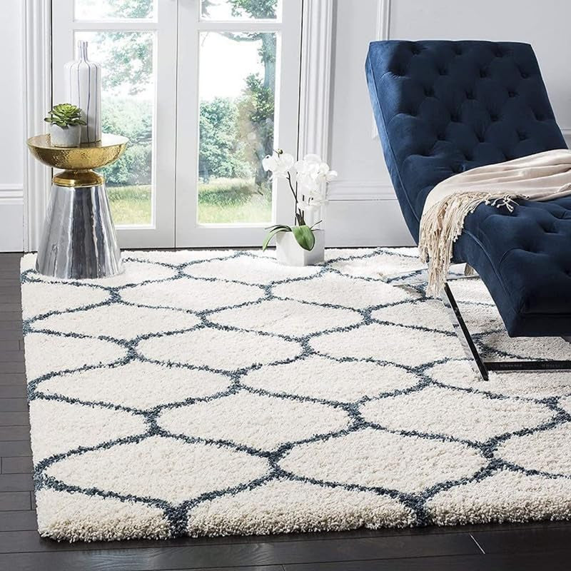 Ivory & Teal Lattice Shaggy Carpet