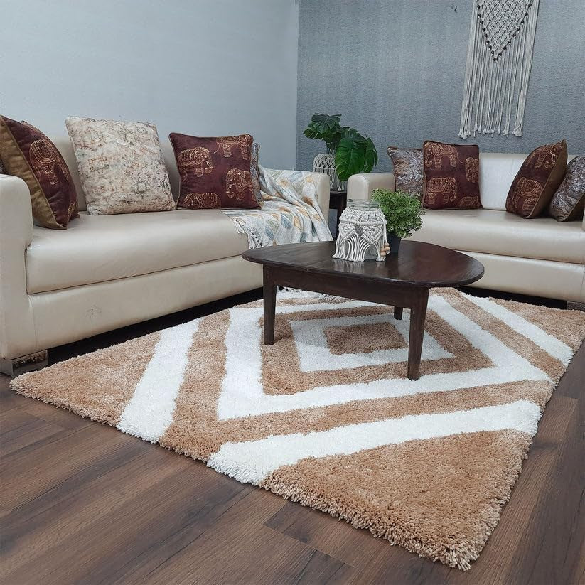 Beige & White Diamond Shaggy Carpet