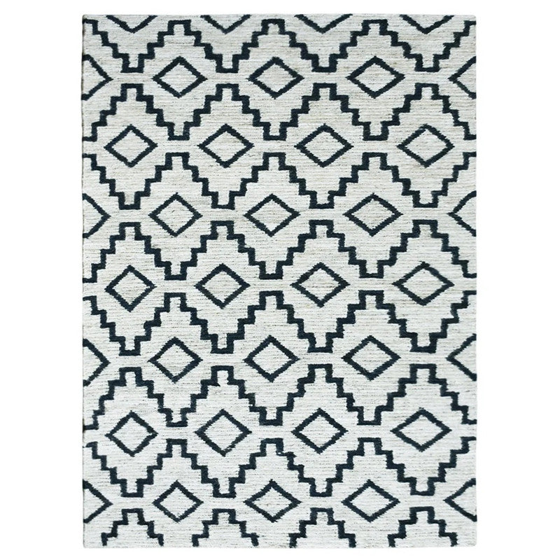 Stepwell Ivory and Ink Blue Geometric Hand-Knotted Jute Carpet