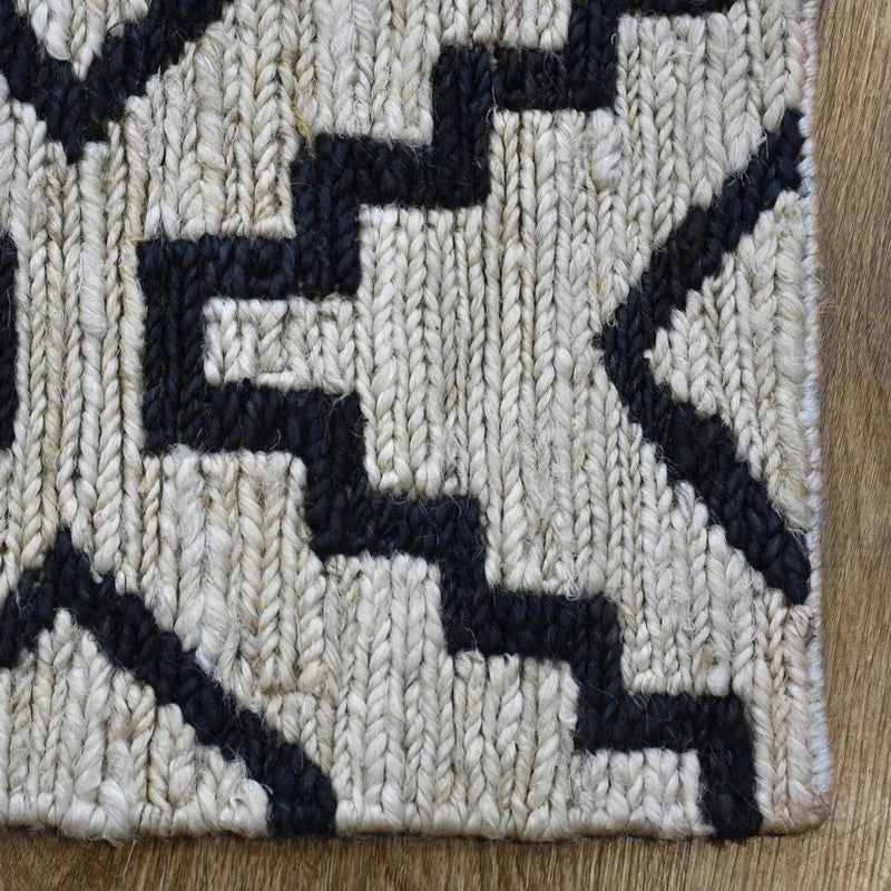 Stepwell Ivory and Ink Blue Geometric Hand-Knotted Jute Carpet