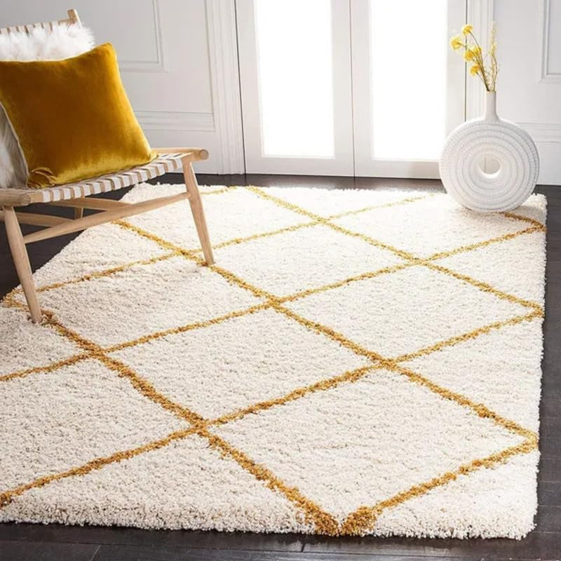 Ivory & Gold Grid Shaggy Carpet