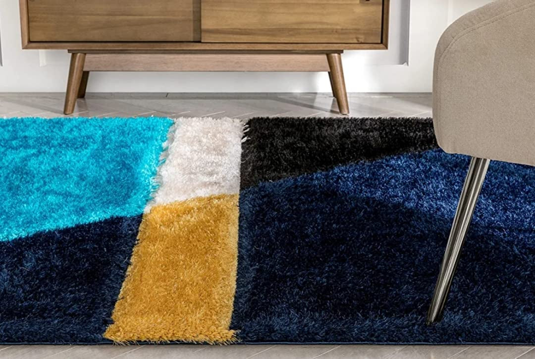 Aqua & Navy Geometric Shaggy Carpet
