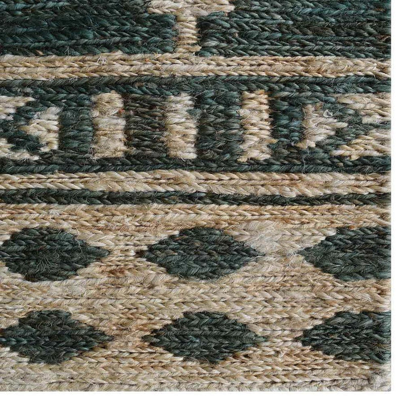 Cascade Natural and Deep Teal Banded Hand-Knotted Jute Carpet