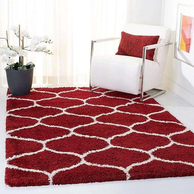 Red & White Trellis Shaggy Carpet