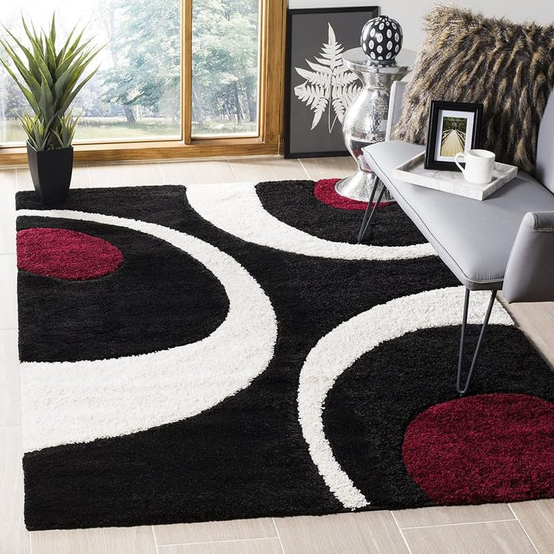 Black & Burgundy Curve Shaggy Carpet
