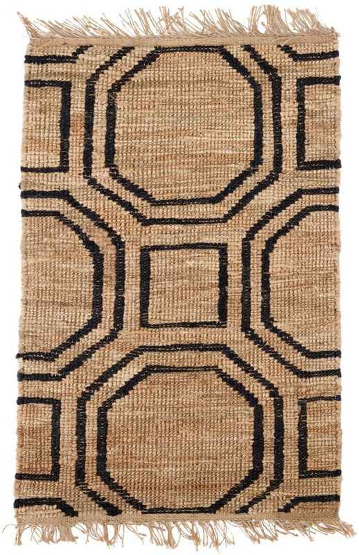 Atrium Natural and Black Octagon Hand-Knotted Jute Carpet