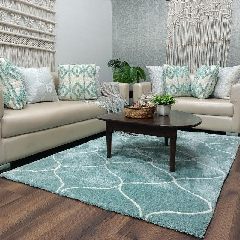 Teal & White Trellis Shaggy Carpet