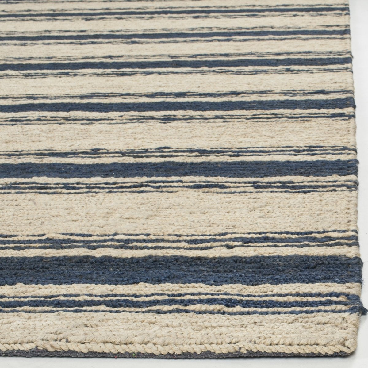 Harbour Natural and Denim Blue Striped Hand-Knotted Jute Carpet