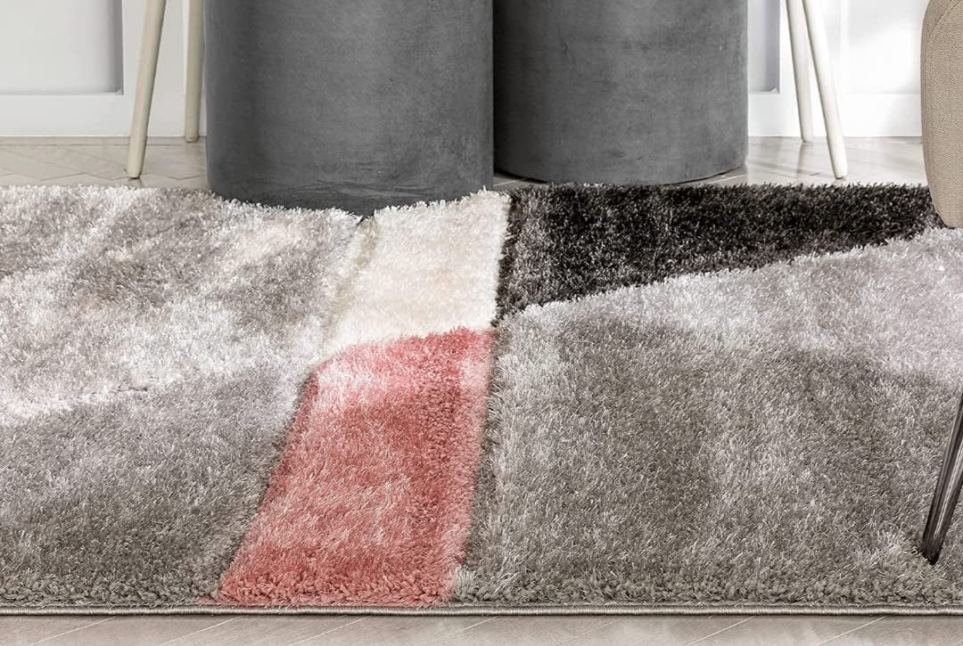 Grey & Blush Geometric Shaggy Carpet