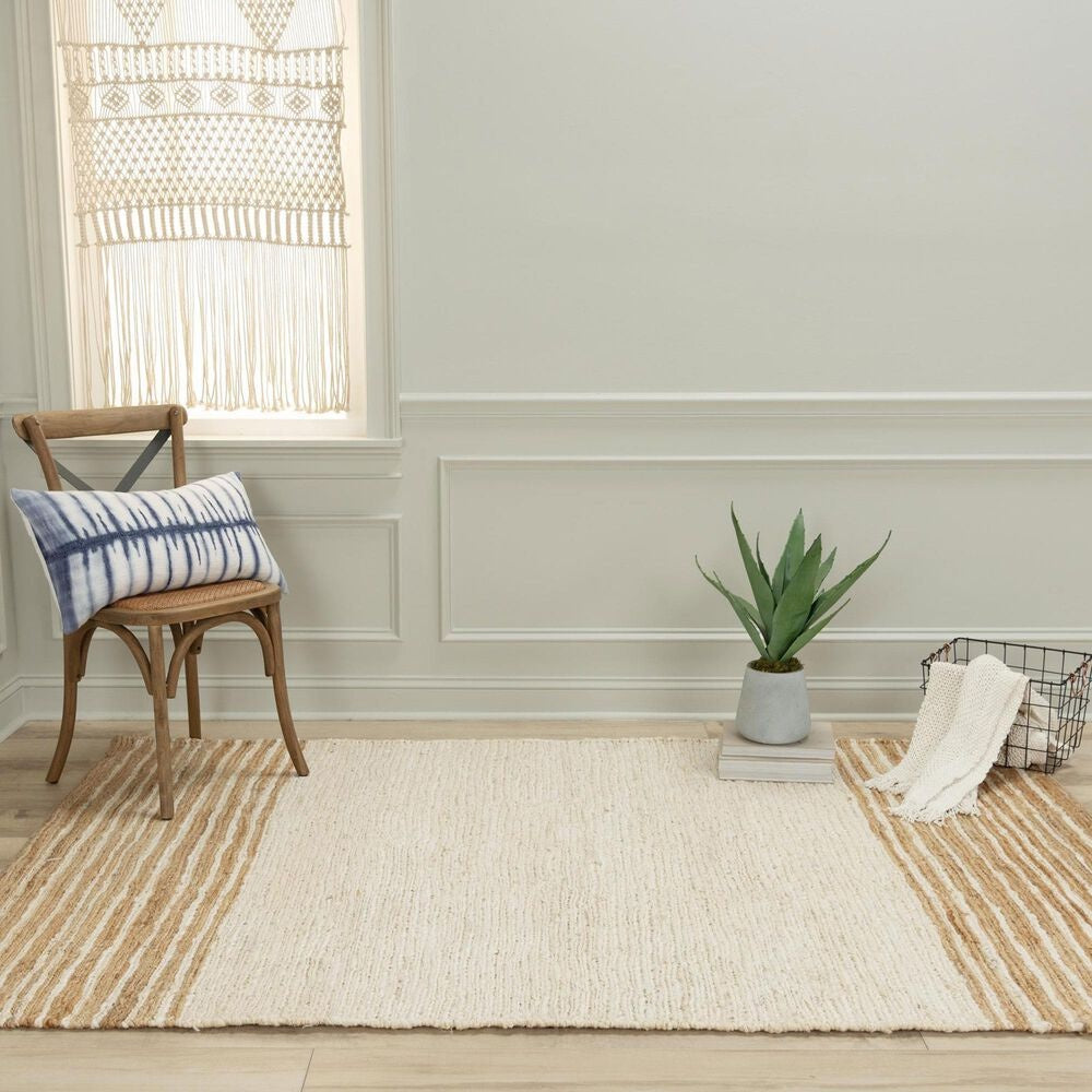 Shoreline Ivory and Natural Striped Hand-Knotted Jute Carpet