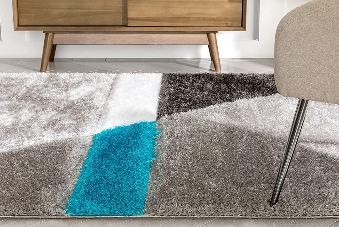 Grey & Aqua Geometric Shaggy Carpet