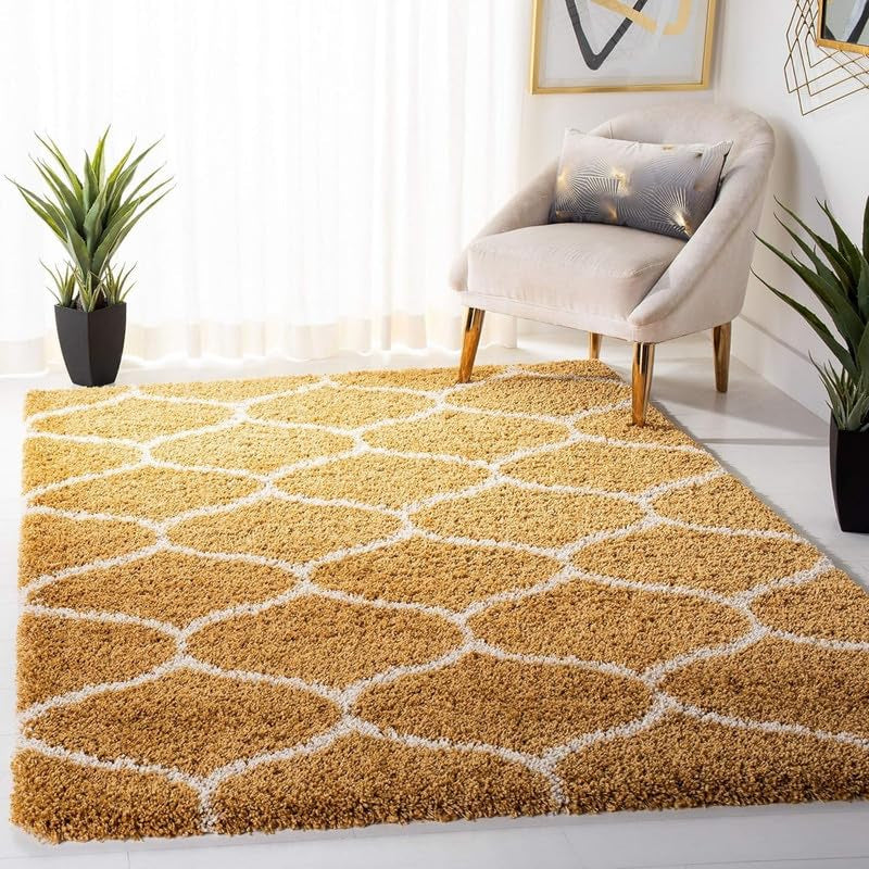 Gold & White Trellis Shaggy Carpet