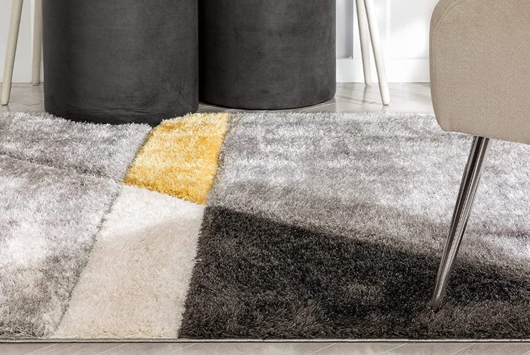 Grey Yellow & White Geometric Shaggy Carpet