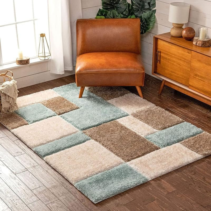 Aqua & Beige Block Shaggy Carpet