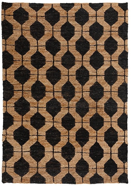 Obsidian Black and Natural Hexagon Hand-Knotted Jute Carpet