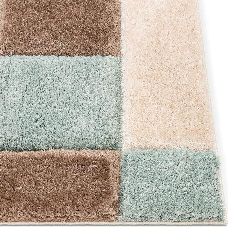 Aqua & Beige Block Shaggy Carpet