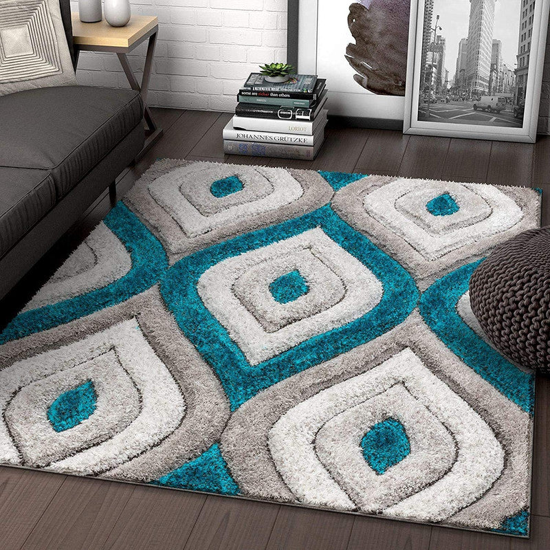 Grey & Aqua Diamond Wave Shaggy Carpet