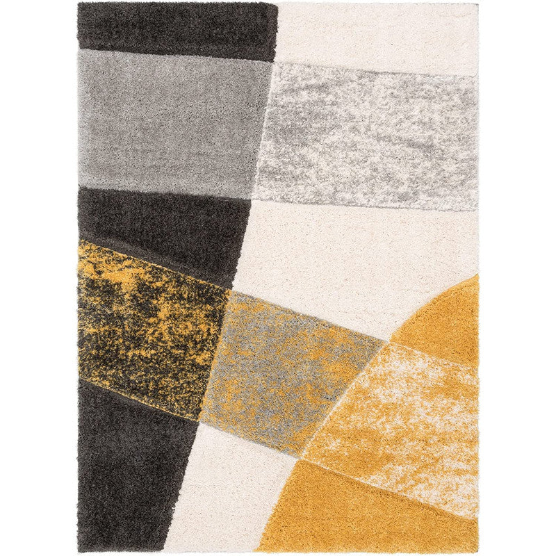 Grey Yellow Geometric Block Shaggy Carpet